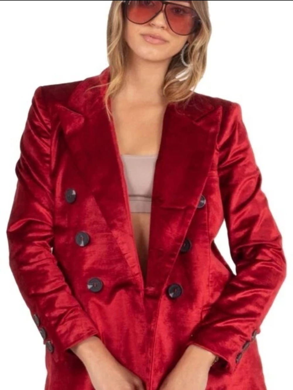 Free People Red Velvet Double-Breasted Blazer Jacket